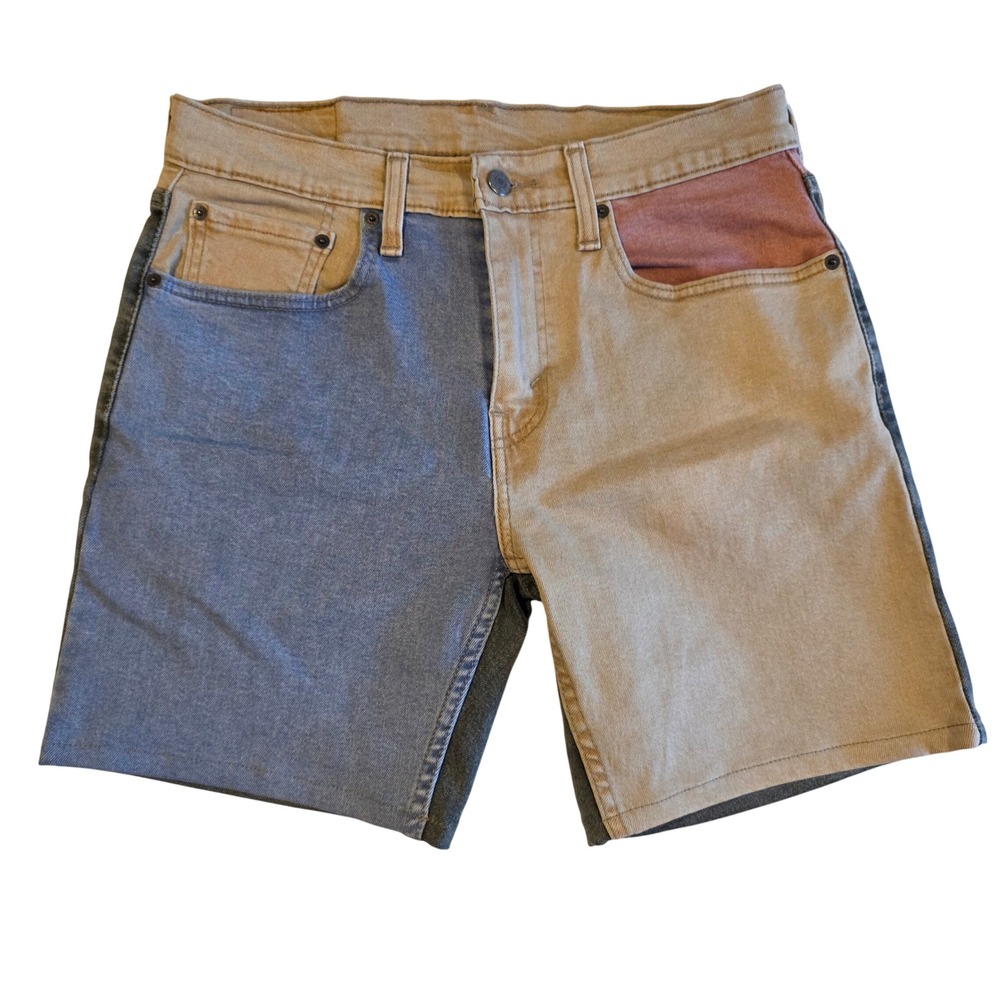 Levis 502 Regular Taper Colorblock Denim Shorts Mens 31 Tan Blue Grey Burgundy